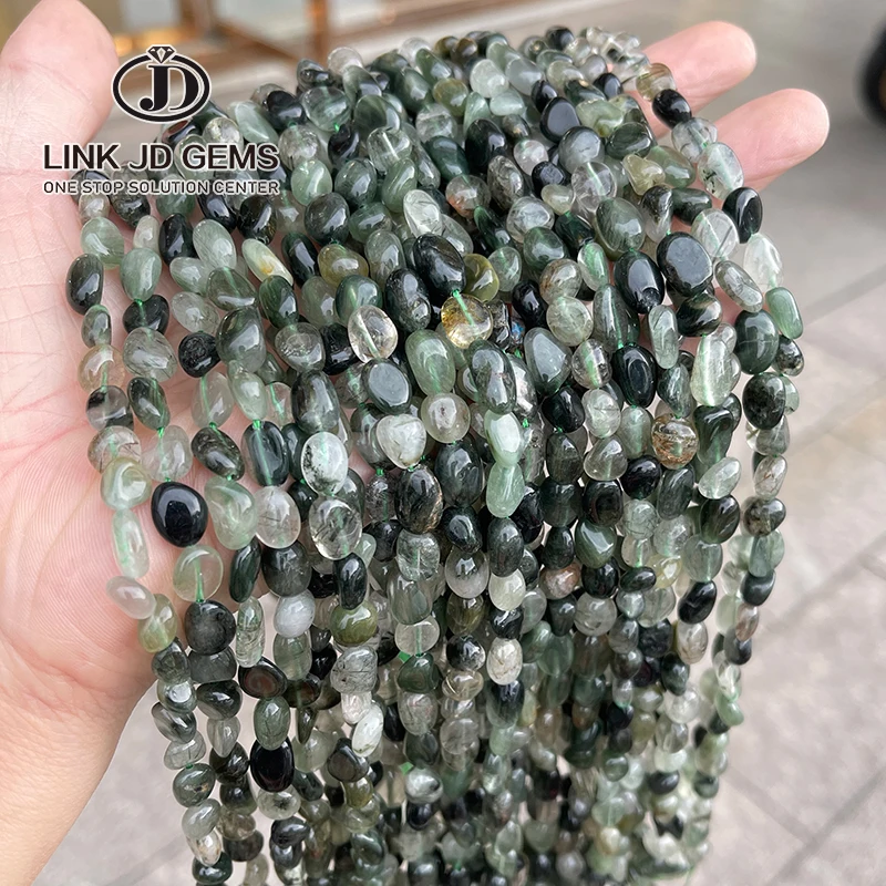 

JD 6-8mm Natural Green Rutilated Quartz Irregular Shape Beads Irregular Shaped Healing Crystal Loose Beads for Jewelry Making