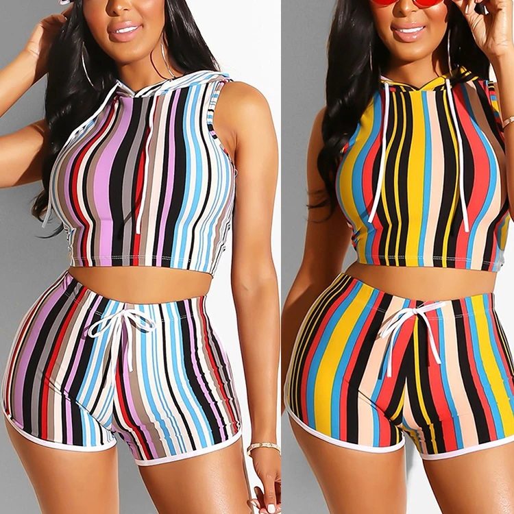 

S1896 Latest Design 3 Color Striped Print Hot Shorts And Sleeveless Crop Top Summer Sexy Two Piece Set Women Clothing, As show