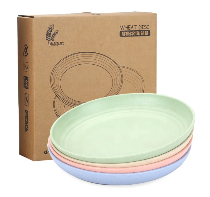 

Microwave safe 4Pcs 9 inch reusable wheat plastic plates dish plates for picnic plate, Variety