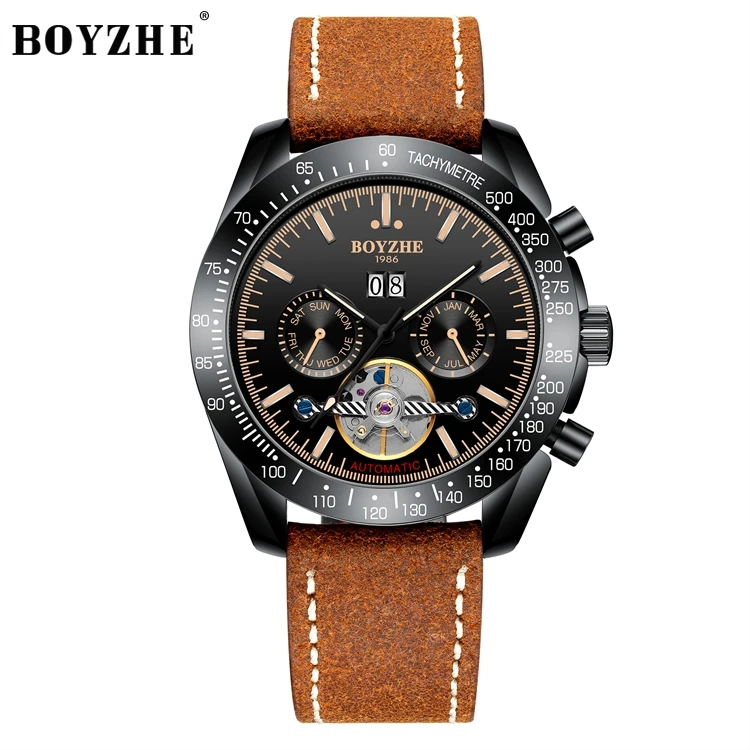 

BOYZHE Factory Brand Mechanical Watch Manufacturer Customized Custom LOGO Fashionable Men's Leather Mechanical Watch