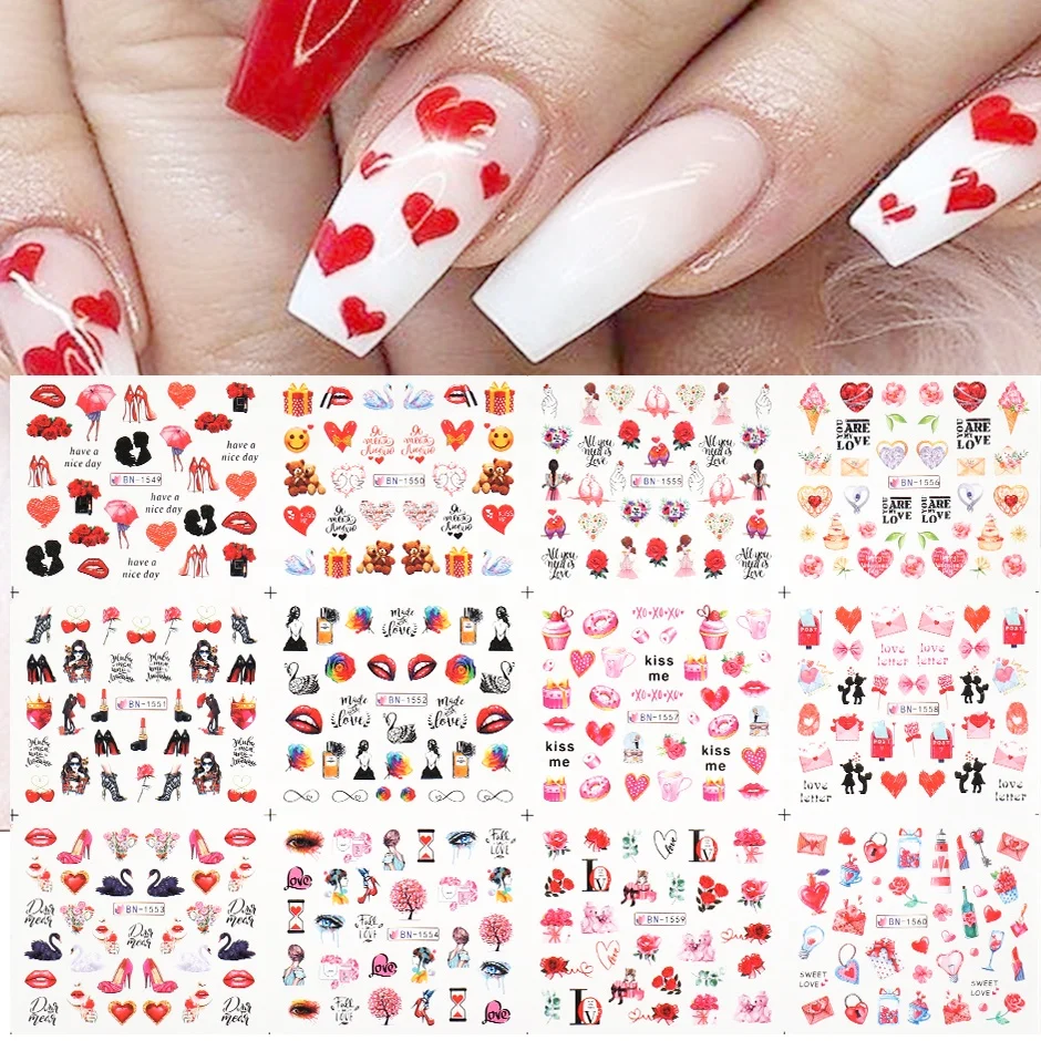 

12pcs Love Letter Flower Sliders for Nails Inscriptions Nail Art Decoration Water Sticker Valentines Nail Stickers