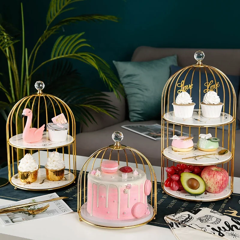 

Top Grade Ceramic Porcelain 3 Layer Cake Plate with Gold Cage Shape Iron Stand, White and black color or customized