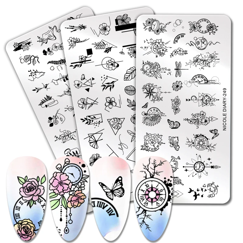 

NICOLE DIARY Rectangle Nail Stamping Plates Stainless Steel Line Flower Nail Art Stamp
