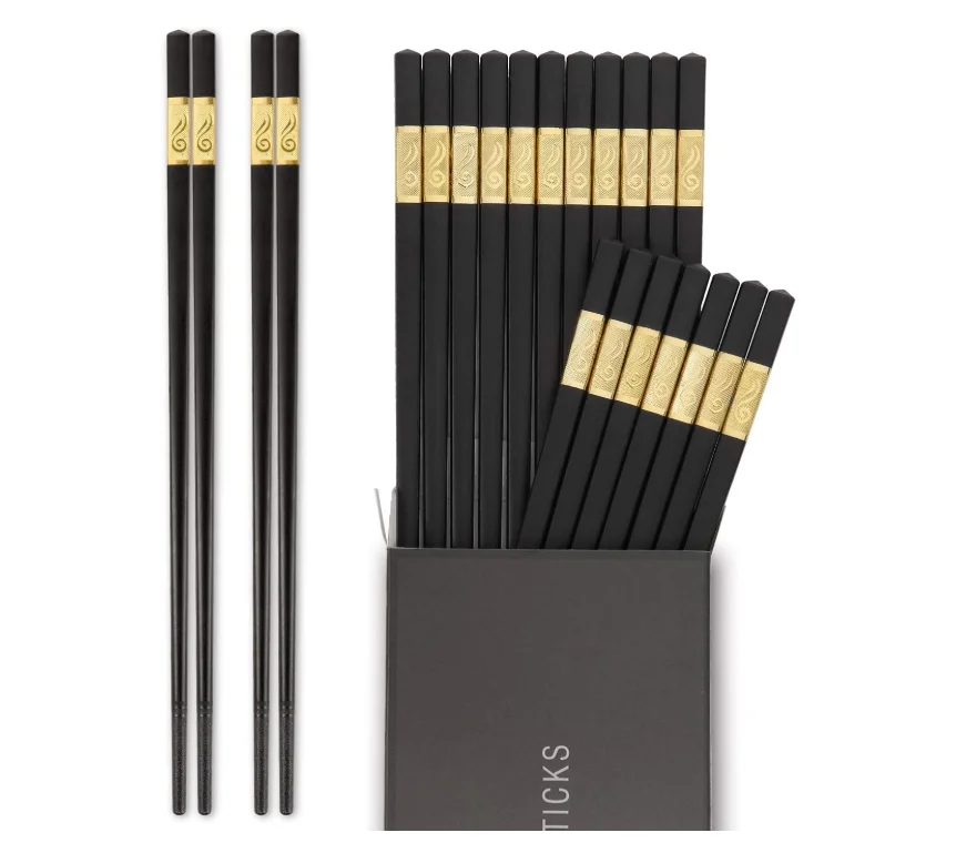 

10 Pairs Fiberglass Chopsticks - Reusable Chopsticks Dishwasher Safe, 9 1/2 Inches - Gold, Black + gold