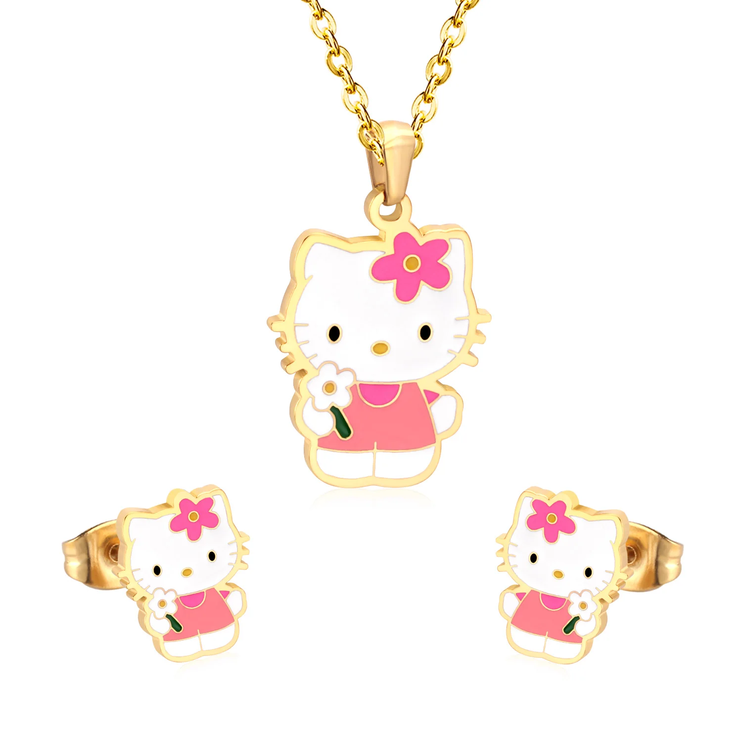 

Fashion Jewelry Sets Cartoon Enamel Kitty Kids Pendant Necklace Earrings Jewelry Set Women