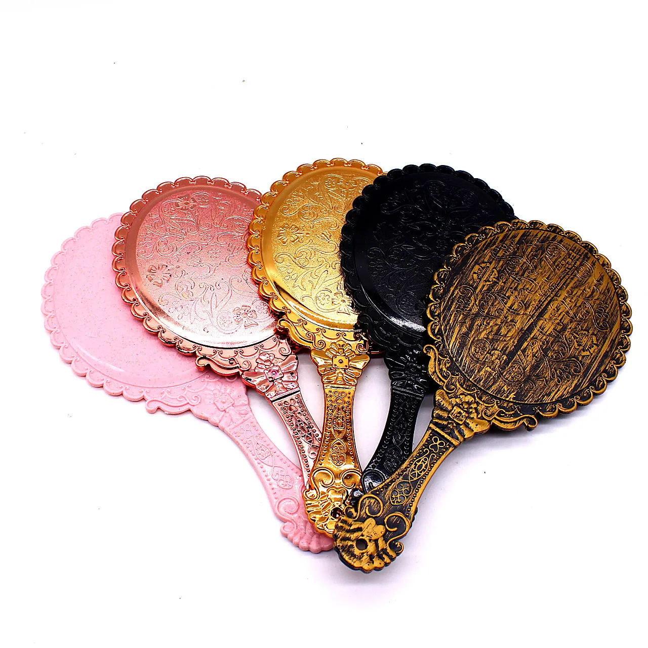 

High quality hand-held makeup European retro creative pattern round makeup mirror, Pink/rose gold