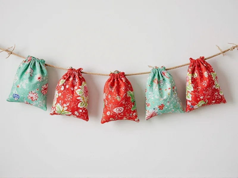 Five colorful fabric scrap advent calendar pouches hanging on twine