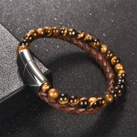 

Luxury Two Layers Stainless Steel Magnet Clasp Lava Stone Tiger Eye Onyx Handmade Genuine Leather Bead Bracelet