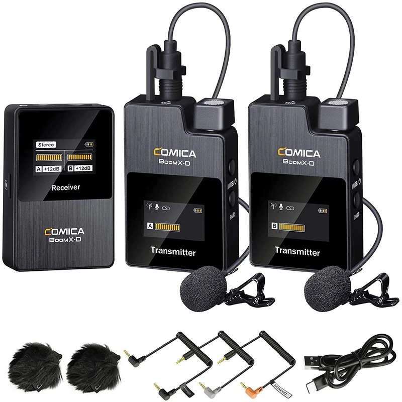 

Comica BoomX D2 2.4G Compact Wireless Microphone System with 2 Transmitter and 1 Receiver Lav Mic for Smartphone/Camera/Podcast