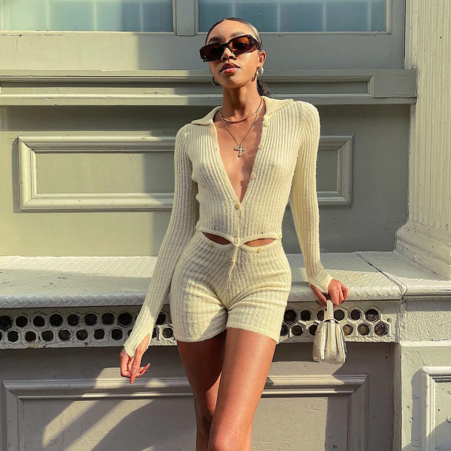 

Rib Knitted One Piece Playsuit Women Long Sleeve Button Bikers Short Jumpsuits Femme Turn-down Collar Slim Sexy Rompers