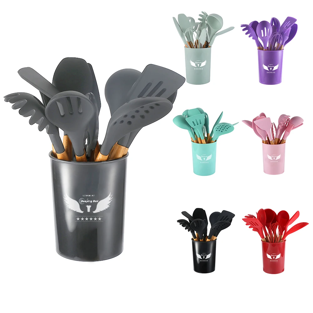 

13 PCS Customized Silicone Kitchen Utensils Set with Holder Spoons Spatulas Tongs Whisk for Cooking Non-stick Heat Resistan, Purple/red/black/light green/dark green/pink/gray or customized