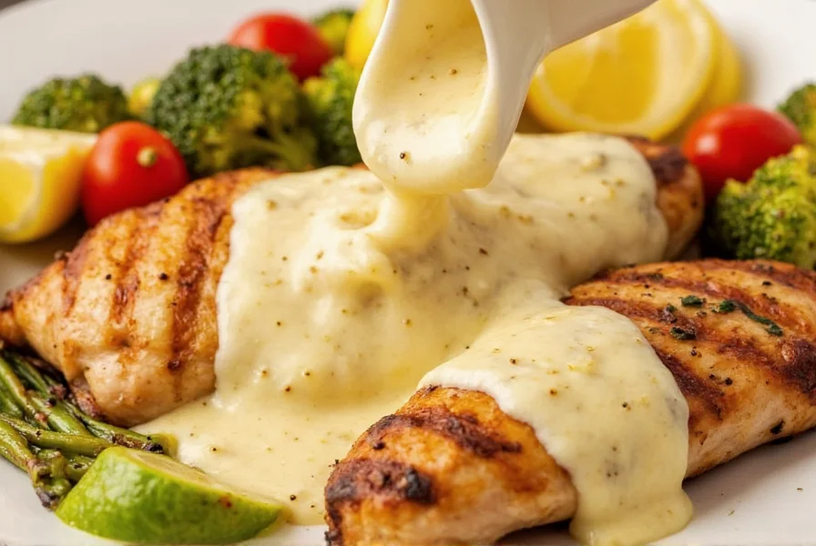 Close-up of creamy lemon pepper sauce drizzled over grilled chicken and vegetables