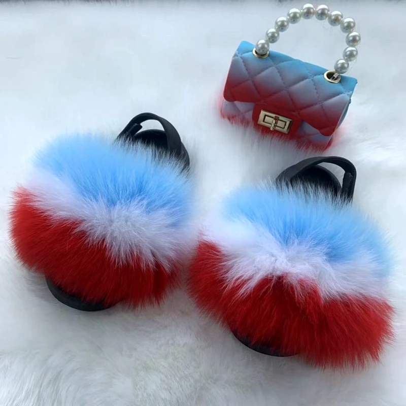 

Wholesale Full Raccoon Faux Fox Fur Slippers Slides With Purse Set For kid, Customized color