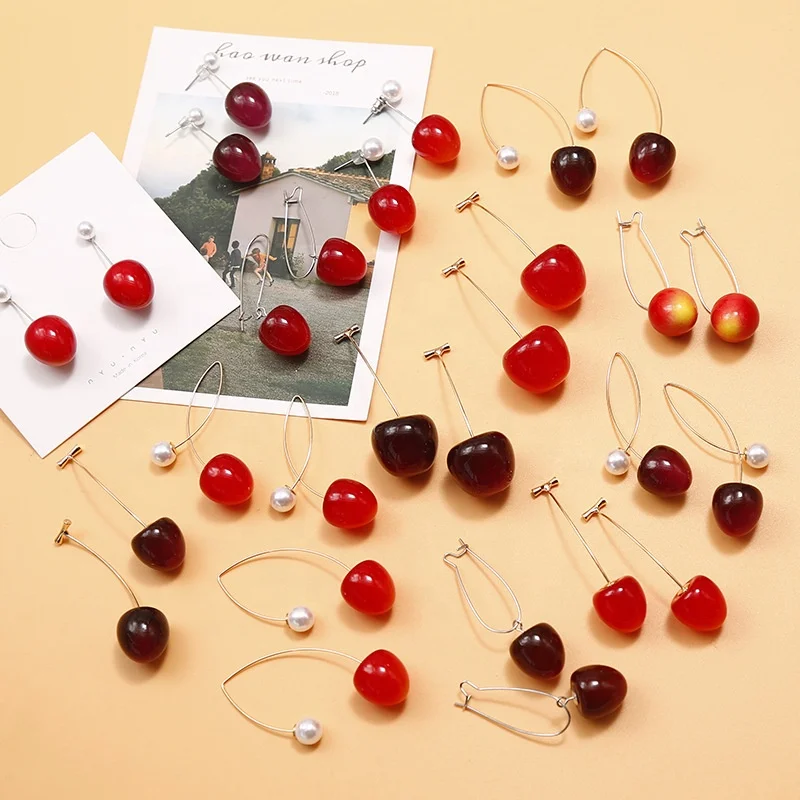 

New temperament Red Fruit Cherry Earrings Bellflower Handmade drop earring for girls, As pic