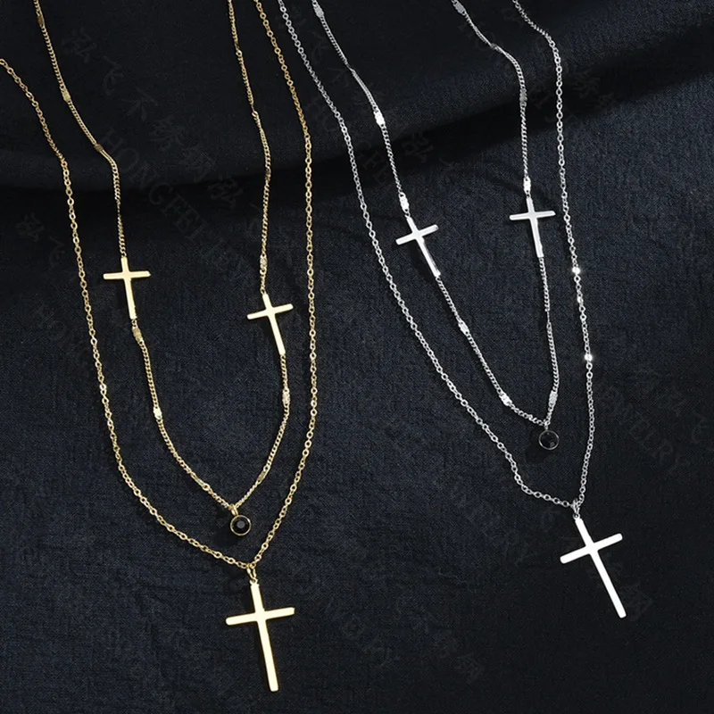 

Gold Plated Stainless Steel Double Layer Cross Charm Necklace Multilayer Cross Pendants Clavicle Chain Necklace, Picture shows