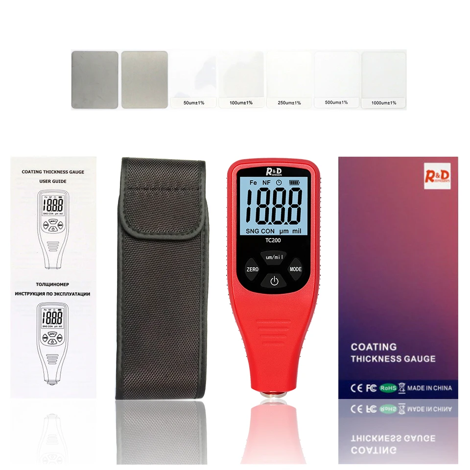 
TC200 red Coating Thickness Gauge 0.1 micron/0-1500 Car Paint Film Thickness Tester Measuring FE/NFE Russian Manual Paint Tool 
