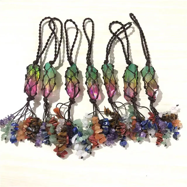 

Wholesale natural hand made crystal jewelry 7 chakra chips with aura point car hanging for sale