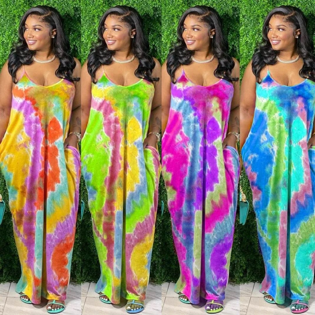 

CM2118 Summer new style sling print sexy tie dye casual long loose summer dress, 4 color