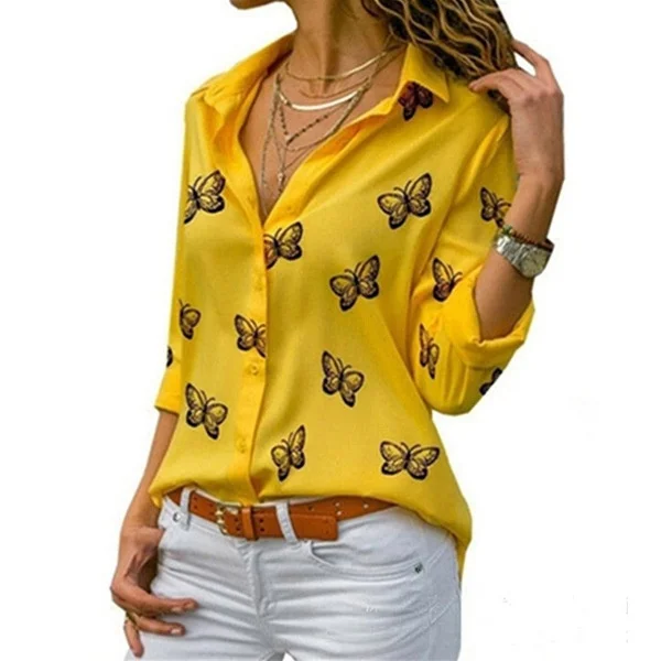 

NEW Fashion Women's Casual Blouse Long Sleeve V Neck Top Butterfly Print Loose Collar Shirt Lapel Shirt Plus Size