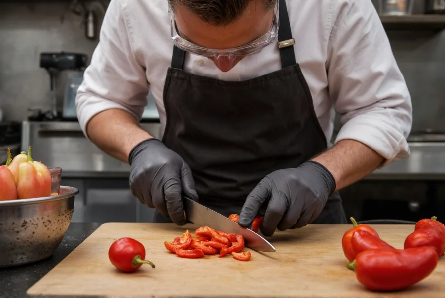 Chef wearing protective gloves and goggles while carefully slicing a red ghost chili pepper on cutting board