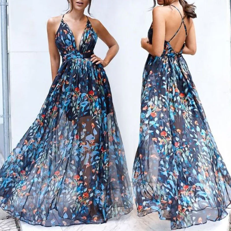 

Hot Sale Summer Casual Mesh Sexy Transparent Long Sling Dresses Women, Blue