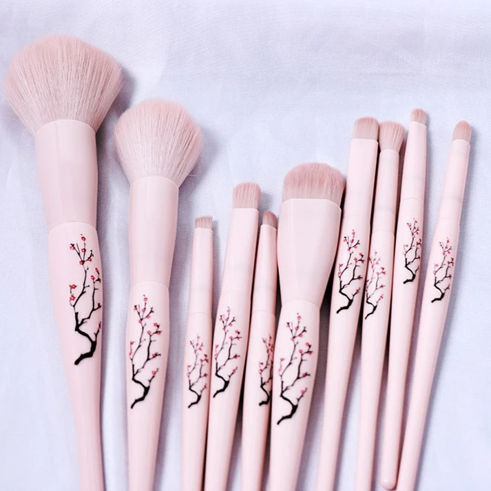 

Plum blossom design cosmetic brush 10pcs pink Synthetic hair Plastic brushes your own brand makeup brush set Wholesale