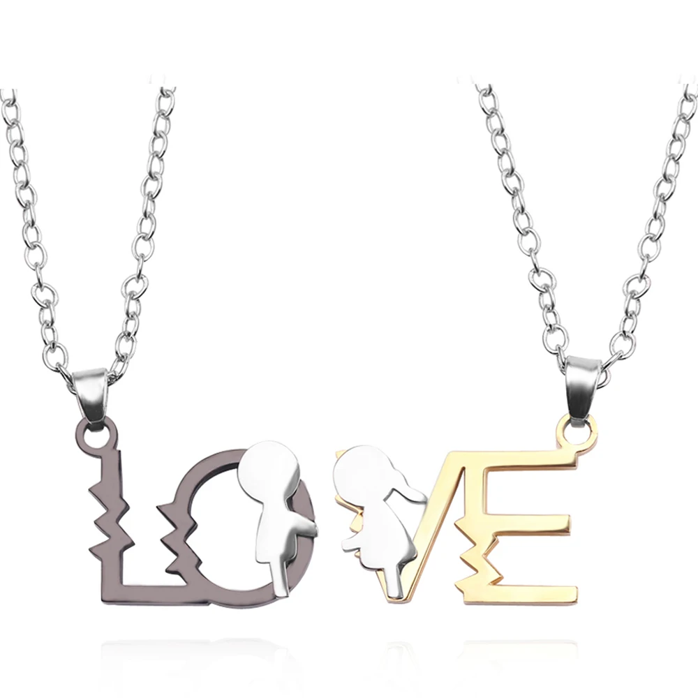 

Pair Stainless LOVE Boy Girl Pendant Necklaces Women Men Fashion Chain Choker Necklace Jewelry Accessories For Parents Lovers, Gold,silver