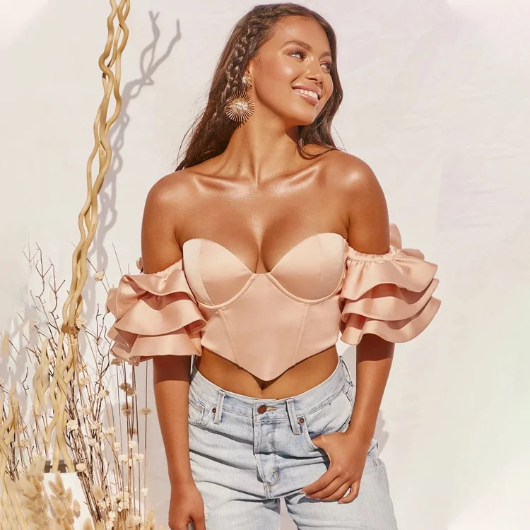 

hot sale high quality women sexy off the shoulder pink purple crop top backless ruffles casual plain t shirt ladies shirts