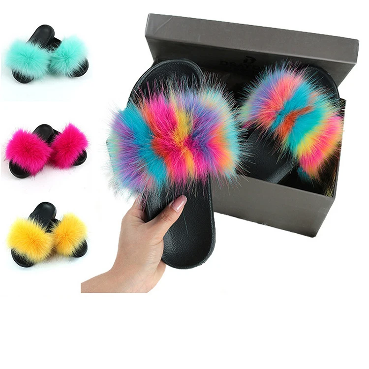 

Lightweight Price Comfort Fluffy Open Toe Slippers Fashionable Ladies Faux Furry Slides Fox Fur Slippers, Custom color