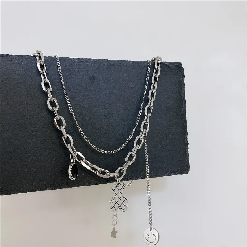 

Fashion Double Bear Smiley Face Stainless Steel Silver Necklace Hip Hop Chic Collarbone Chain Necklace Jewelry