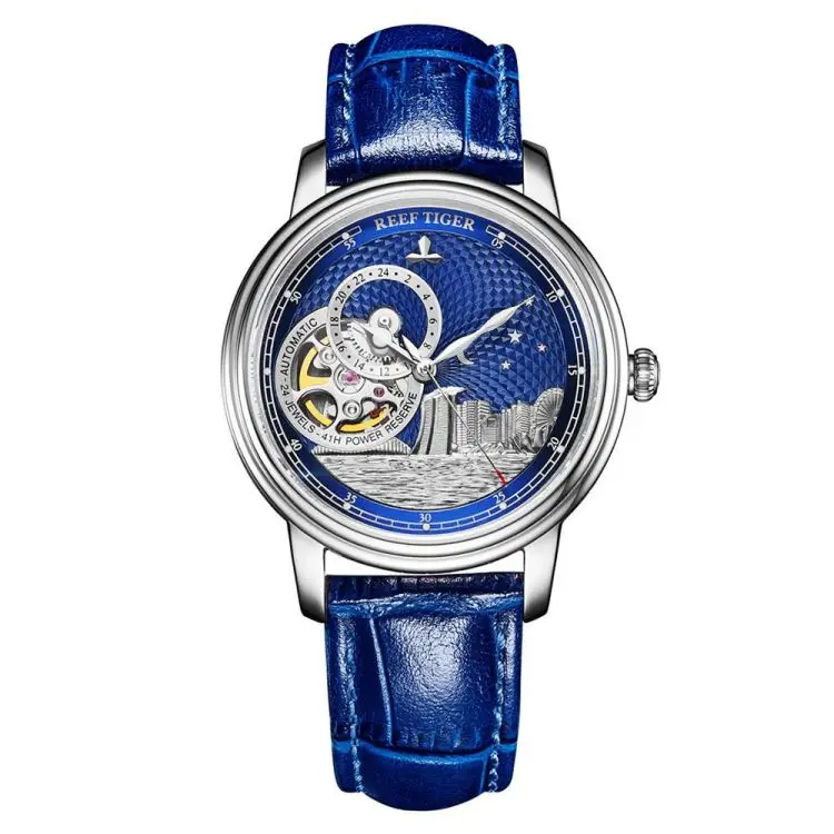 

REEF TIGER RGA1739 Luxury Fashion Watch for Women Men Blue Tourbillon Automatic Watch Leather Unisex Watches Clock Reloj