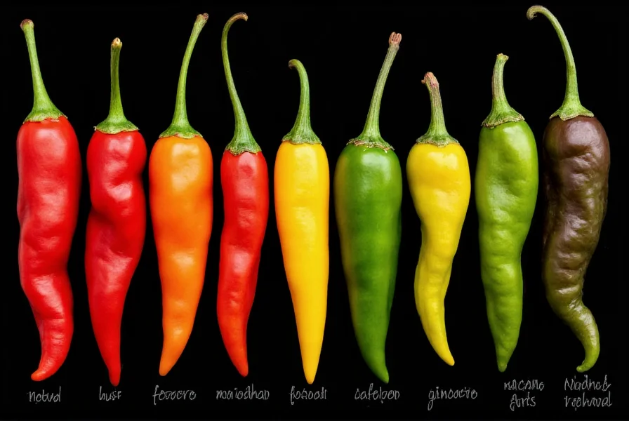 Visual representation of chili peppers arranged by heat level from mild bell peppers to extremely hot Carolina Reaper