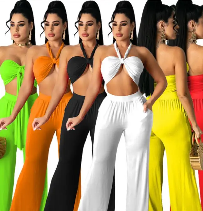 

2021 Summer Solid Women Sexy Sleeveless Crop Top Two Piece Pant Set Fashion Ladies Loose Long Pant 2 Piece Set Women Clothing