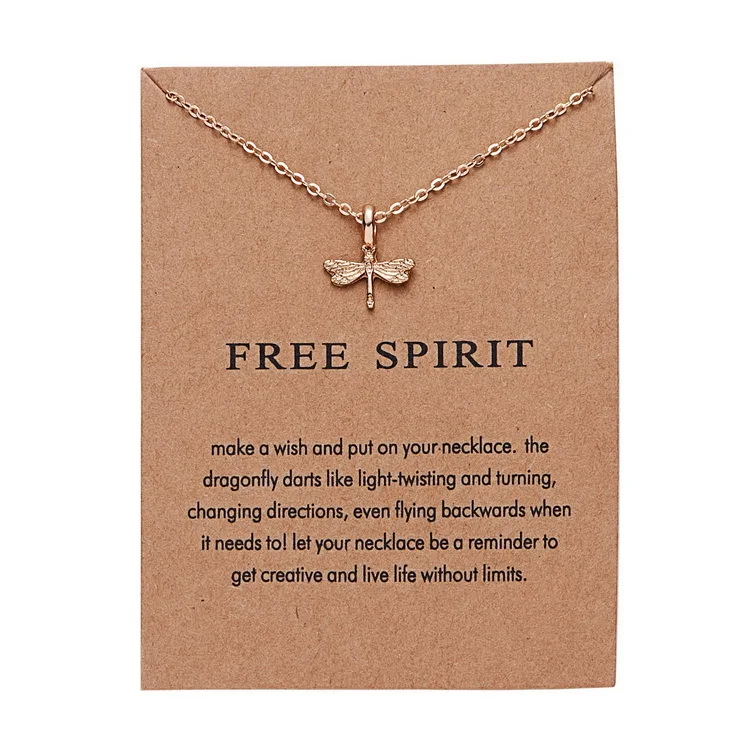 

Hot Sale Fashion Jewelry Message Card Animal Necklaces Gold Tone Free Spirit Dragonfly Pendant Necklace for Gift