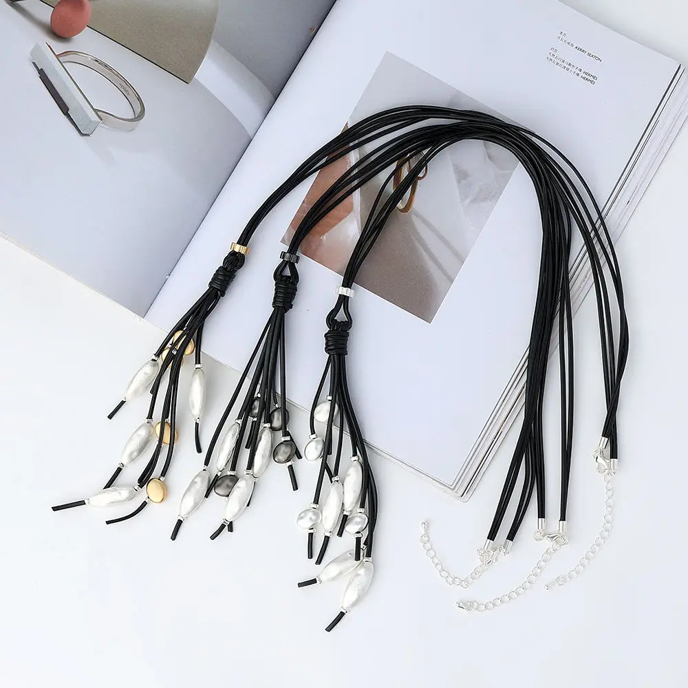 

Matt Finish Hammered Hollow Alloy Beads Black Leather Tassel Long Sweater Necklace For Women Party