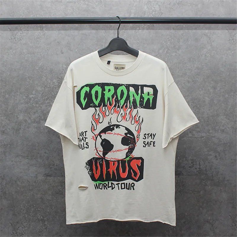 

Washed To Make Broken Shiny Powder Graffiti Flame Men Women Short-sleeved Summer Retro Loose T-shirt