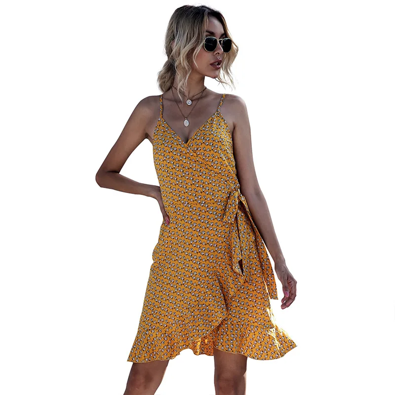 

Women Summer Floral Printed Beach Sexy Dress A-line Plus Size Dress Sexy Backless V-neck Red Yellow Dresses