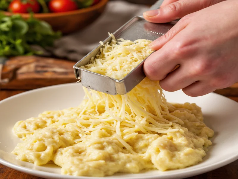 Hand grating Parmesan cheese over alfredo sauce