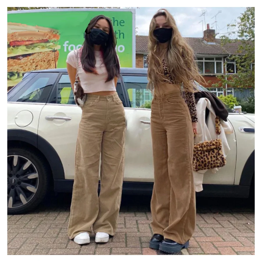 

Women New Brown Corduroy Korean Style Straight Cargo Trousers High Waist Streetwear Pants, Available