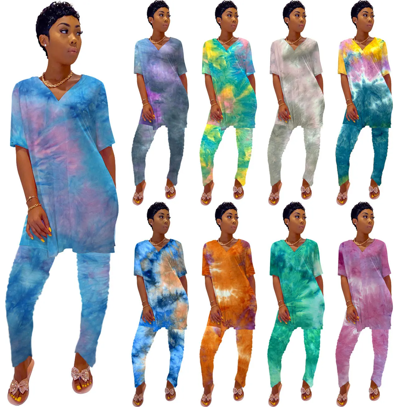 

21010-MX79 tie dye simple home two piece set women clothing 2020 sehe fashion