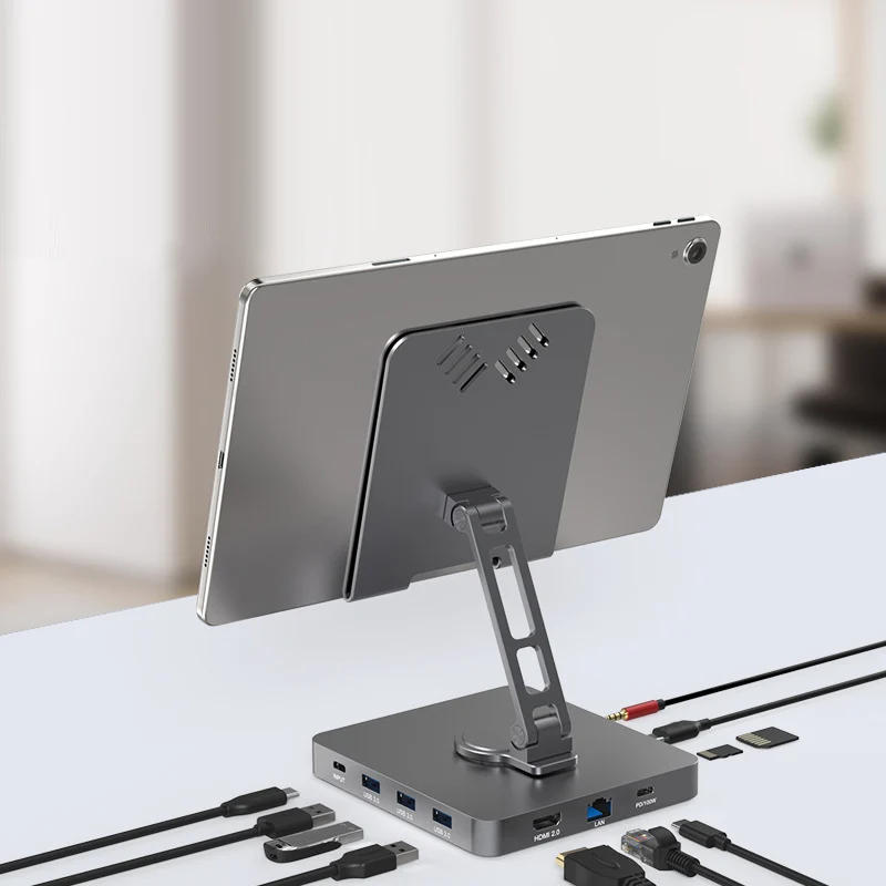 

11 in 1 USB-C Docking Station with Foldable Aluminum Tablet charging Stand with USB C Hub For iPad