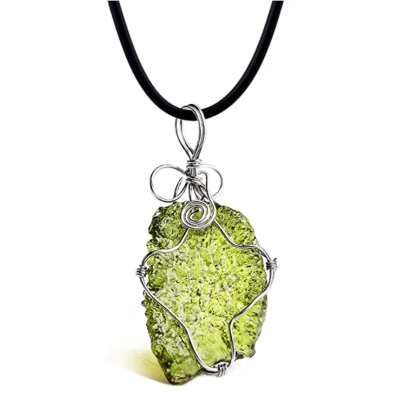 

Wire Wrap Big Piece Raw Glass Pendant Necklace Green Meteorite Stone from Czech Republic 100% Natural Glass