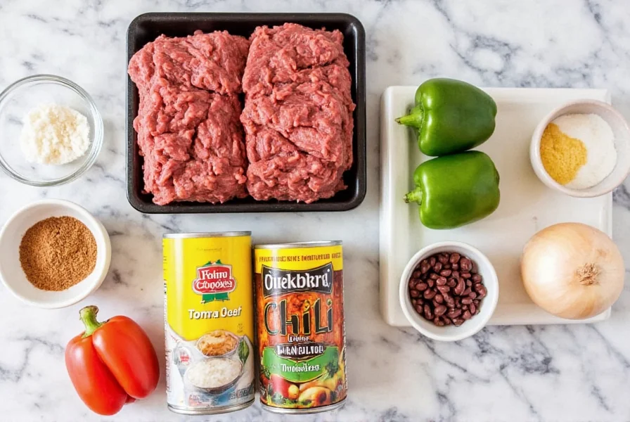 Simple slow cooker chili recipe ingredients arranged neatly on counter: ground beef, canned tomatoes, kidney beans, chili powder, cumin, garlic powder, onion, bell pepper