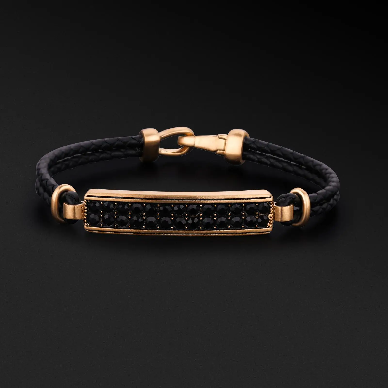 

Designer Jewelry Custom Engraved Logo Gold Stainless Steel Bar Black Rhinestone Men Genuine Leather Bracelet, Picture shows