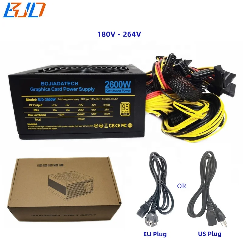 

2600W 180V ~ 264V ATX PSU Switch Power Supply Lower Noise Silent Fan for 8 Graphics Card GPU Rig Frame