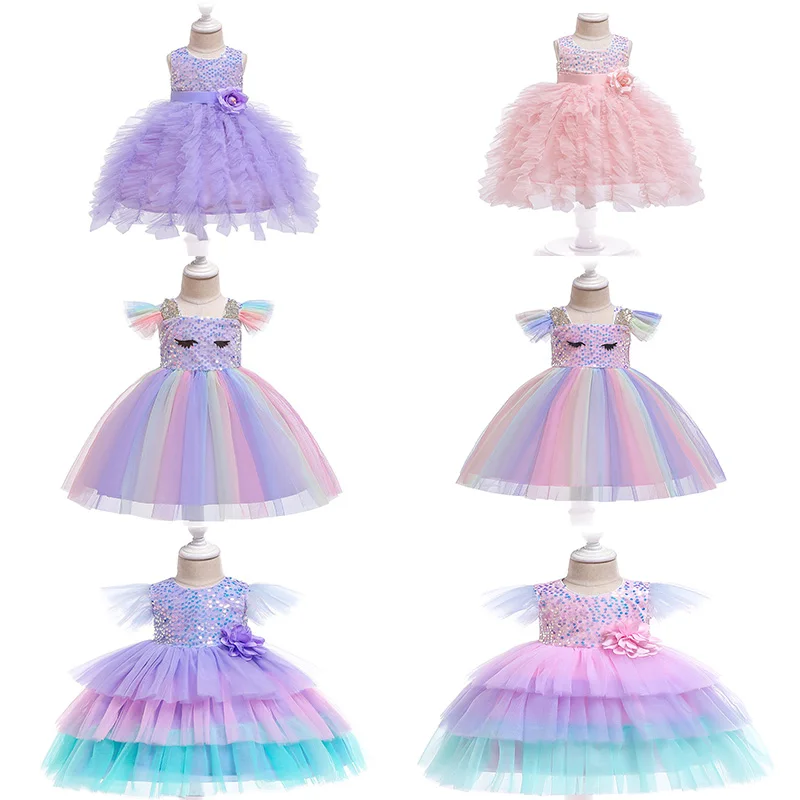 

2019 latest design birthday rainbow kids children Sequined flowers lace sleeveless party 3 years baby party wear girl dress, As pic shows, we can according to your request also