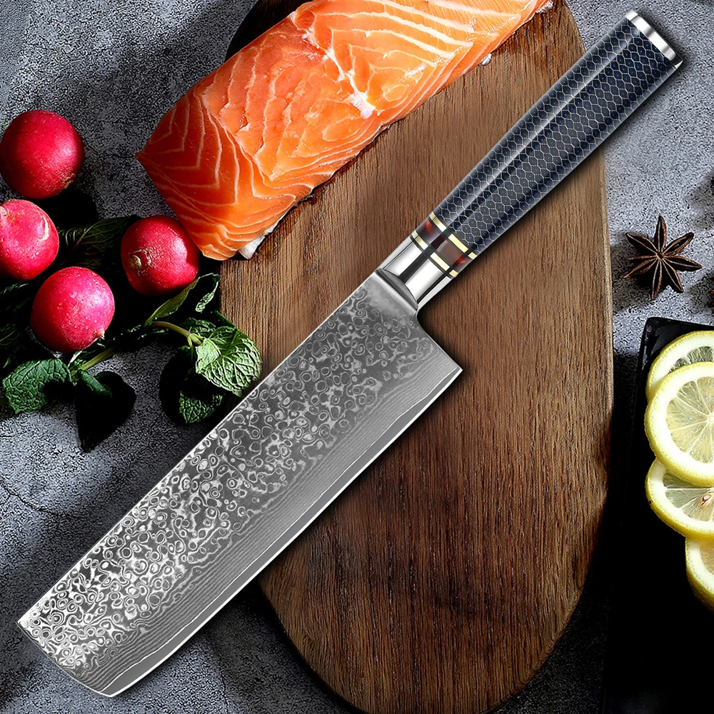 

Resin Handle VG10 7 Inch 67 Layers Damascus Nakiri Knife With Wooden Box, Any color is available