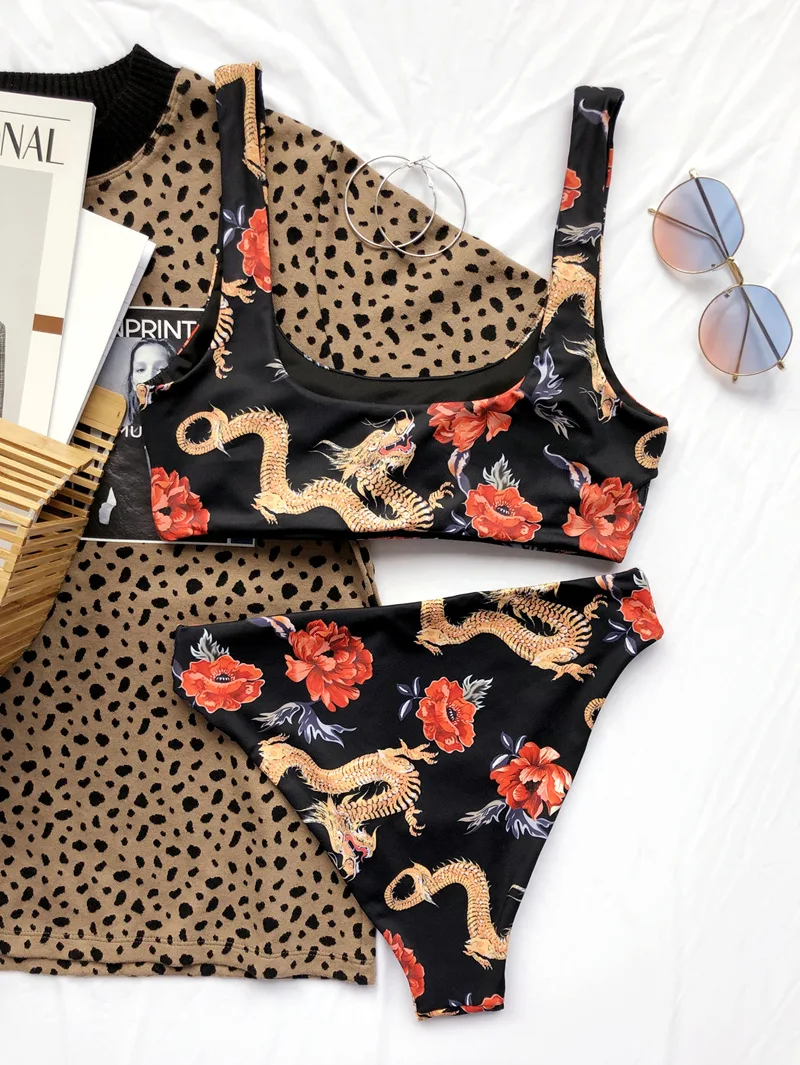 2020 Female Swimsuit Women Swimwear Two-pieces Bikini set Bather Bathing Suit Swim Flower Dragon Print High Waist Bikini