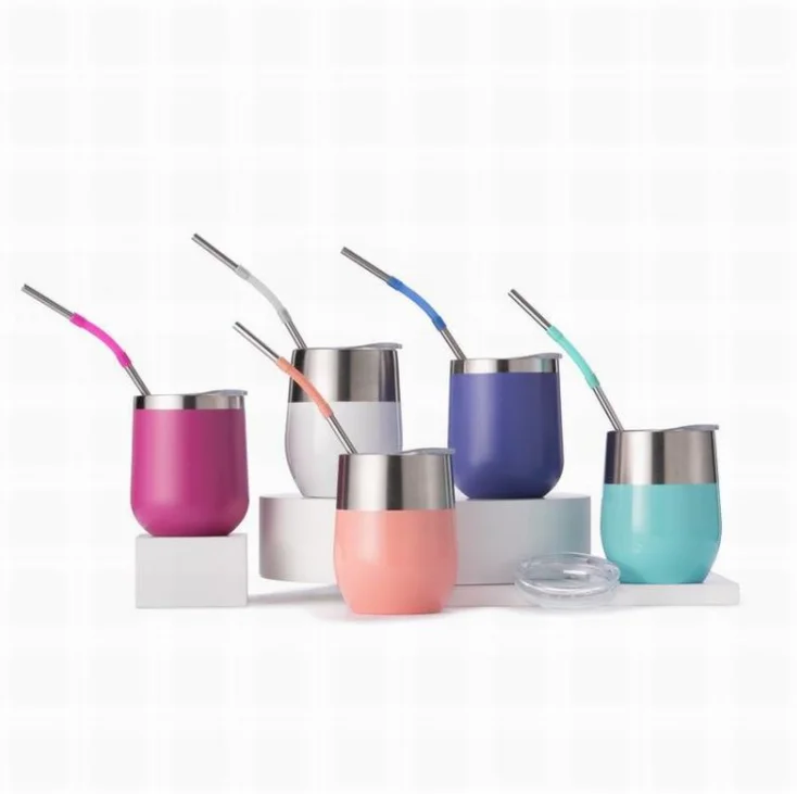 

12oz custom double wall stemless stainless steel insulated vacuum seal reusable travel coffee glass tumbler wine cup with straw, Customized color
