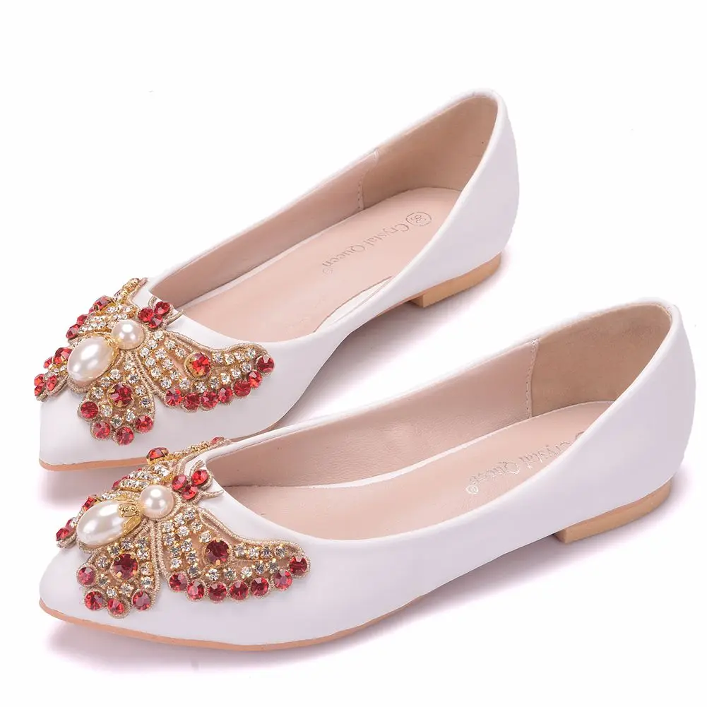 

Rhinestone Butterfly-knot Women Shoes Wedding Bride Shoes White Pointed Toe Flats Heel Shoes For Girls Plus Size